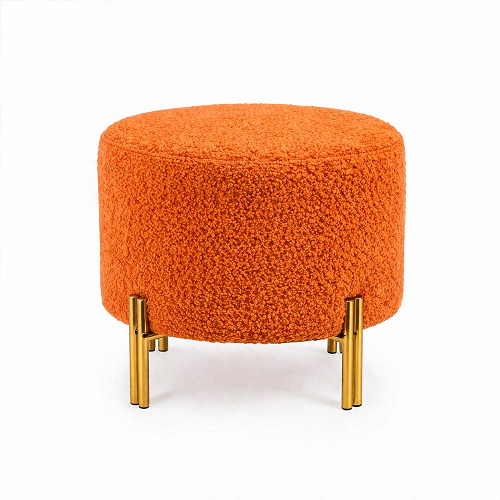 Noble Orange Bouclé Round Wooden Ottoman
