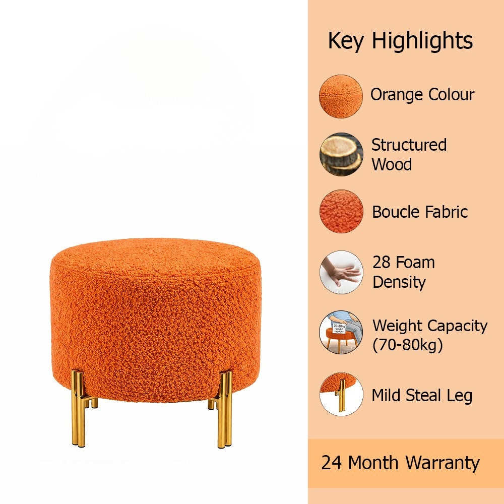 Noble Orange Bouclé Round Wooden Ottoman