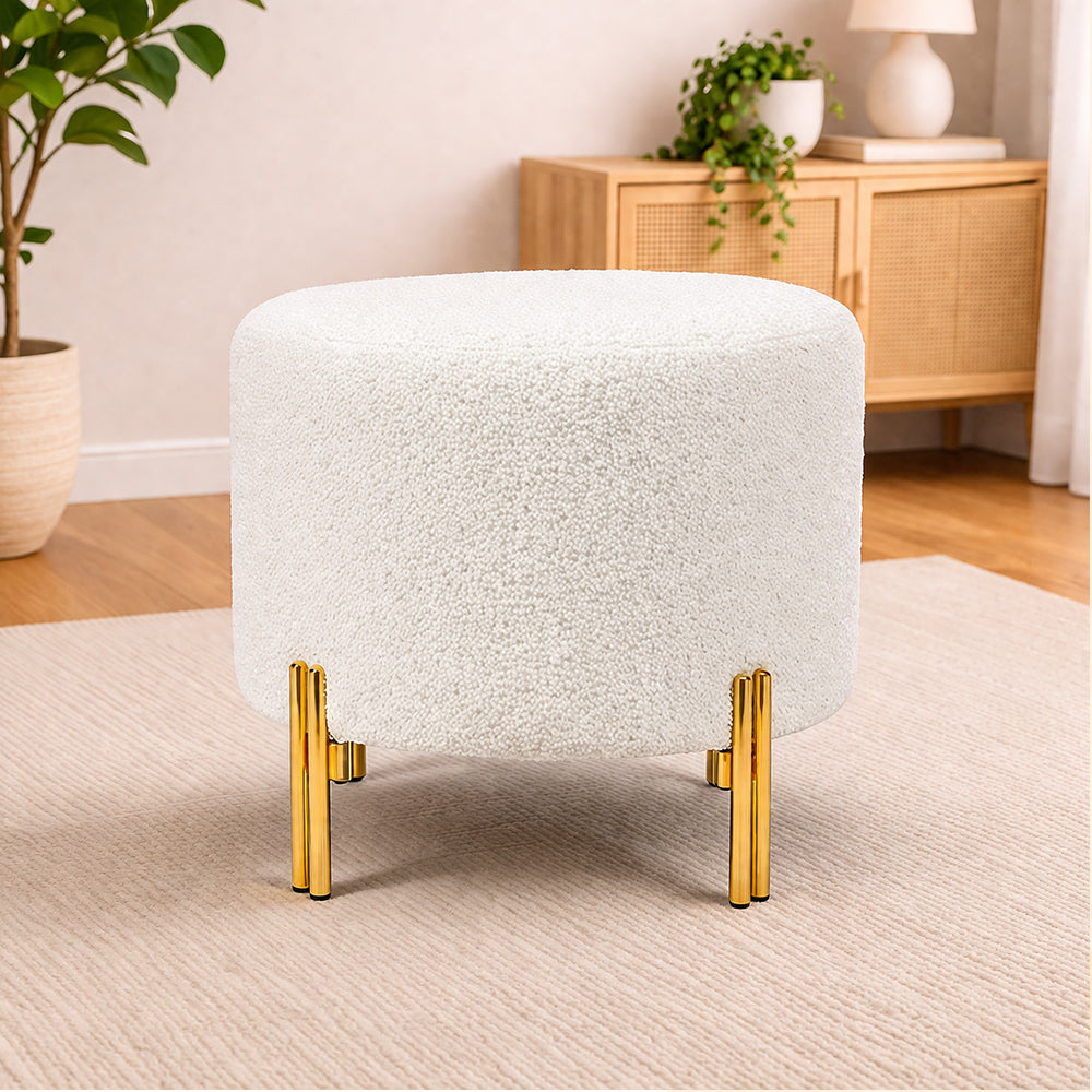 Noble White Bouclé Round Wooden Ottoman