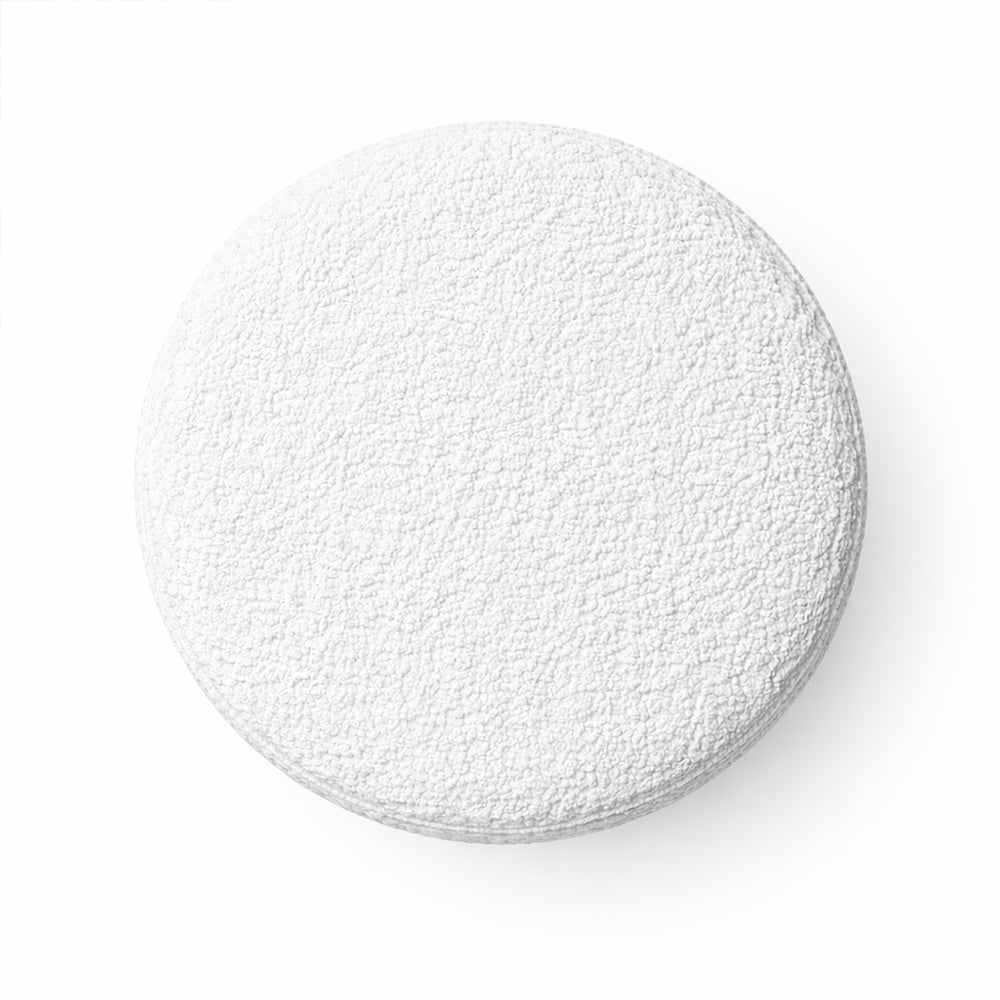 Noble White Bouclé Round Wooden Ottoman