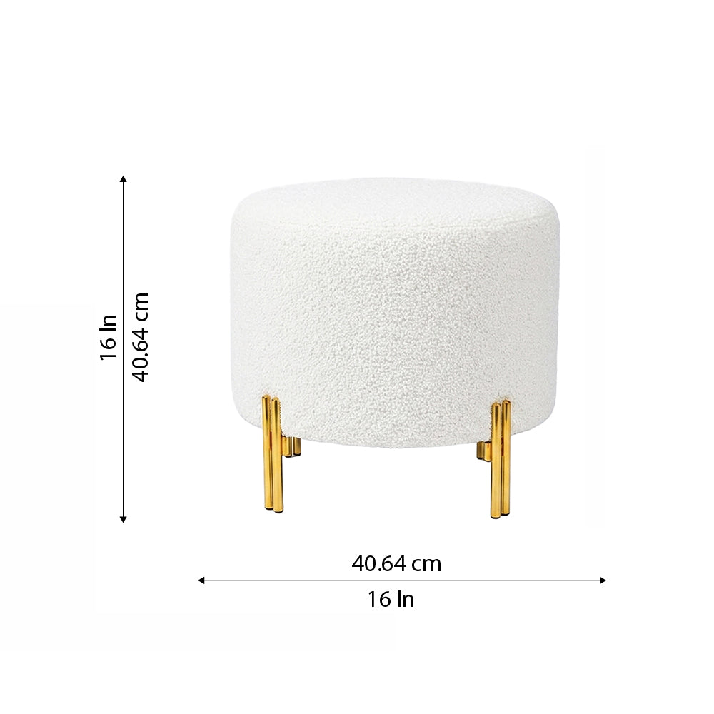 Noble White Bouclé Round Wooden Ottoman