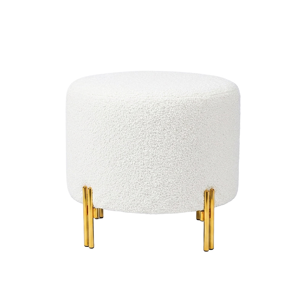 Noble White Bouclé Round Wooden Ottoman