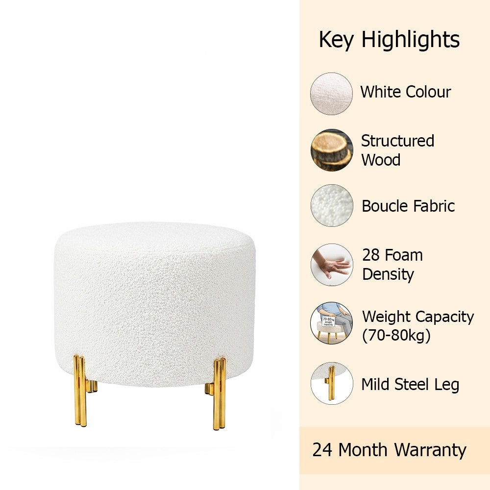 Noble White Bouclé Round Wooden Ottoman