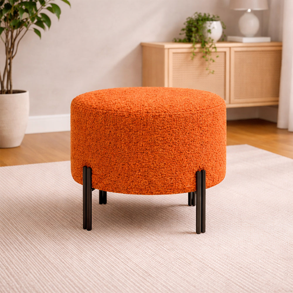 Elite Orange Bouclé Round Wooden Ottoman