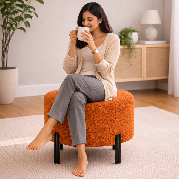 Elite Orange Bouclé Round Wooden Ottoman