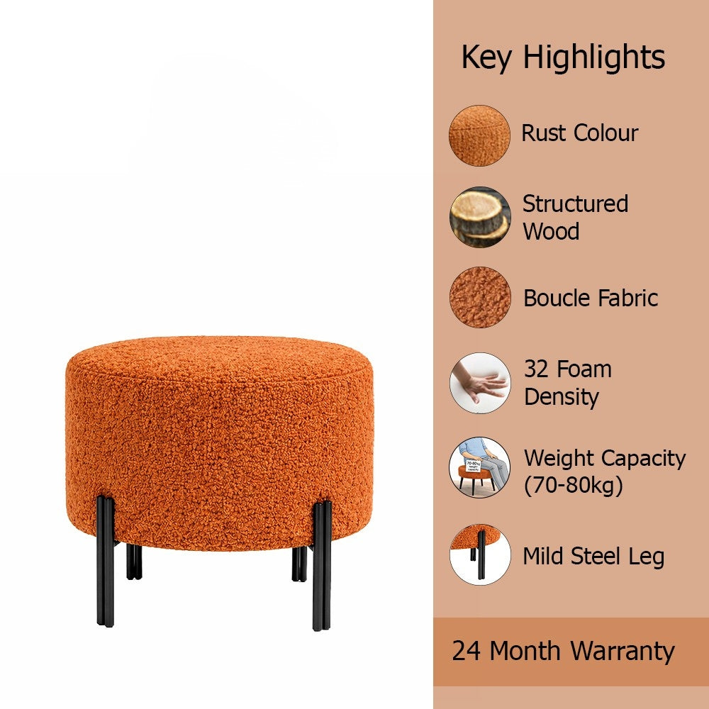 Elite Orange Bouclé Round Wooden Ottoman
