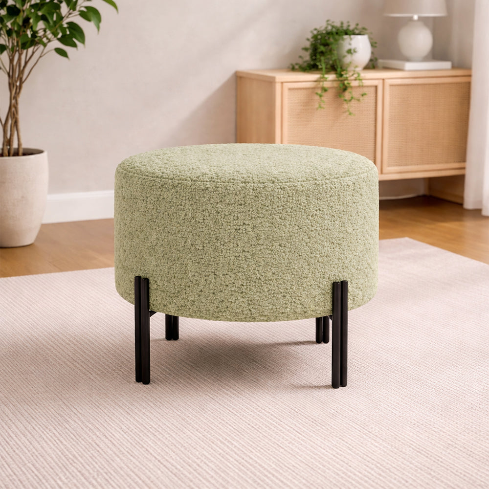 Elite Sage Bouclé Round Wooden Ottoman