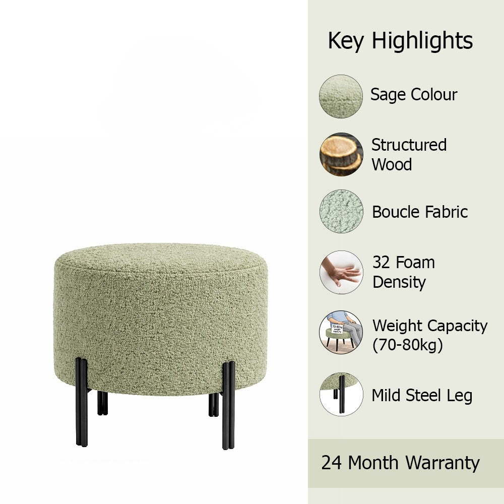 Elite Sage Bouclé Round Wooden Ottoman