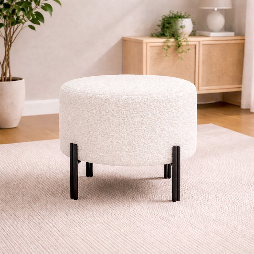 Elite White Bouclé Round Wooden Ottoman