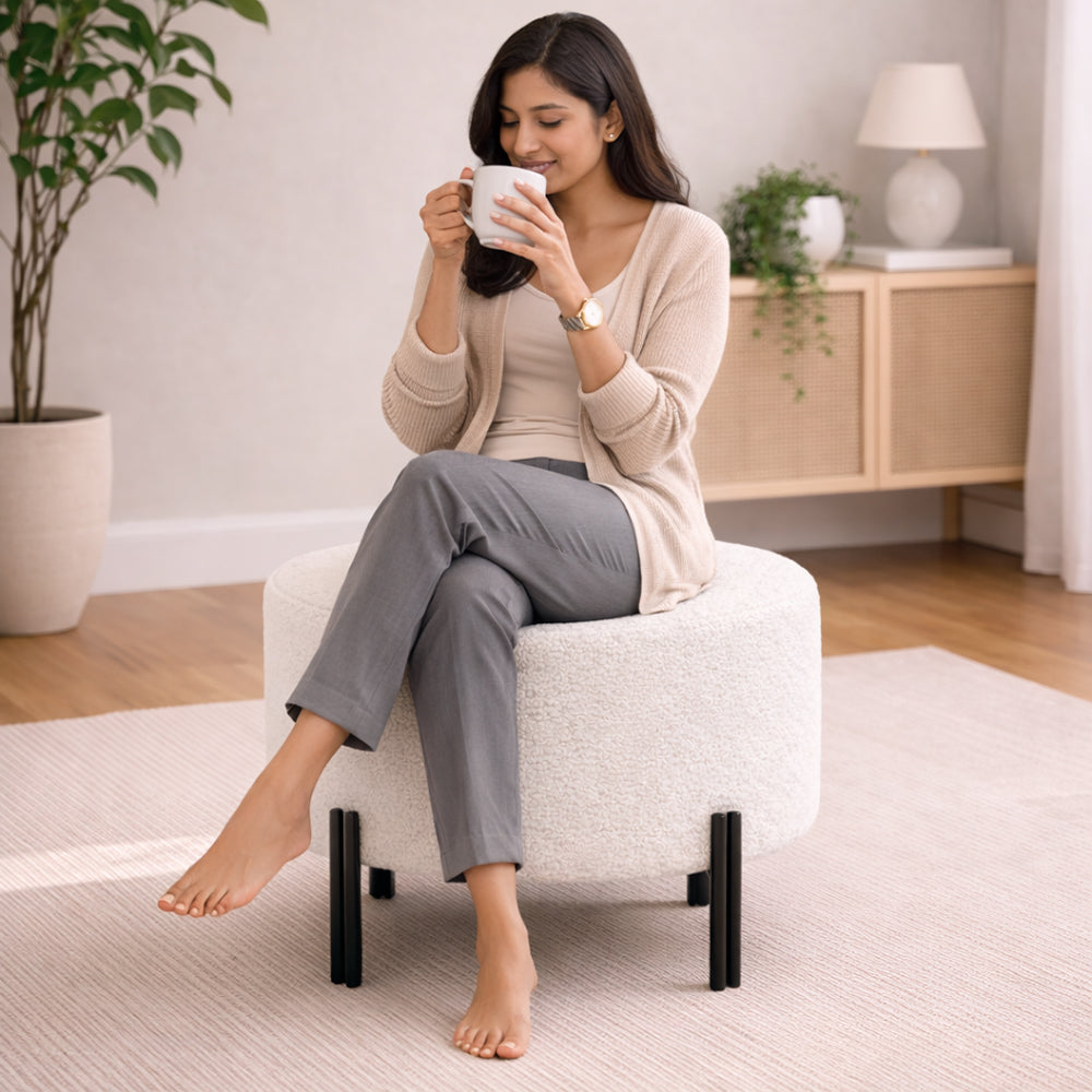 Elite White Bouclé Round Wooden Ottoman