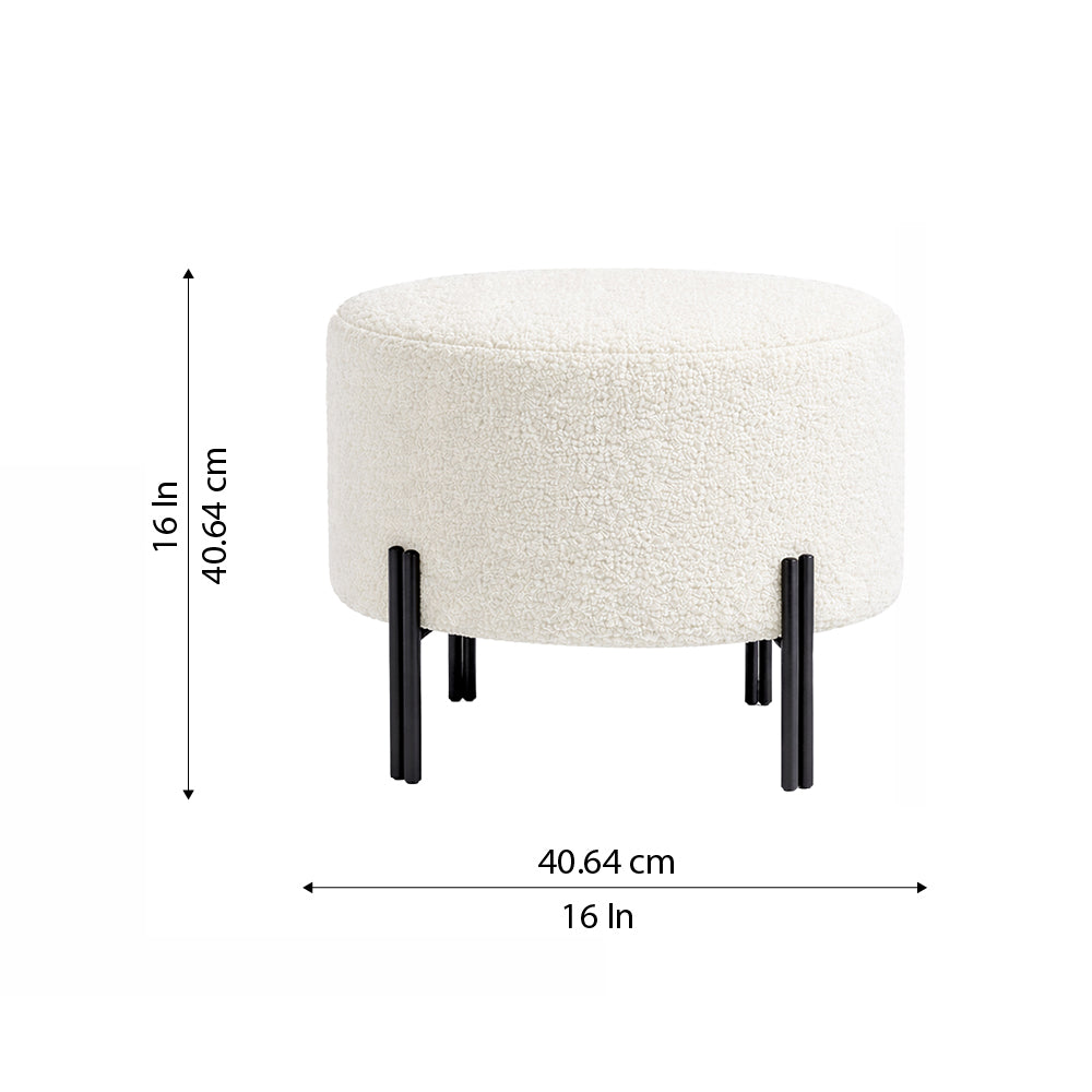 Elite White Bouclé Round Wooden Ottoman