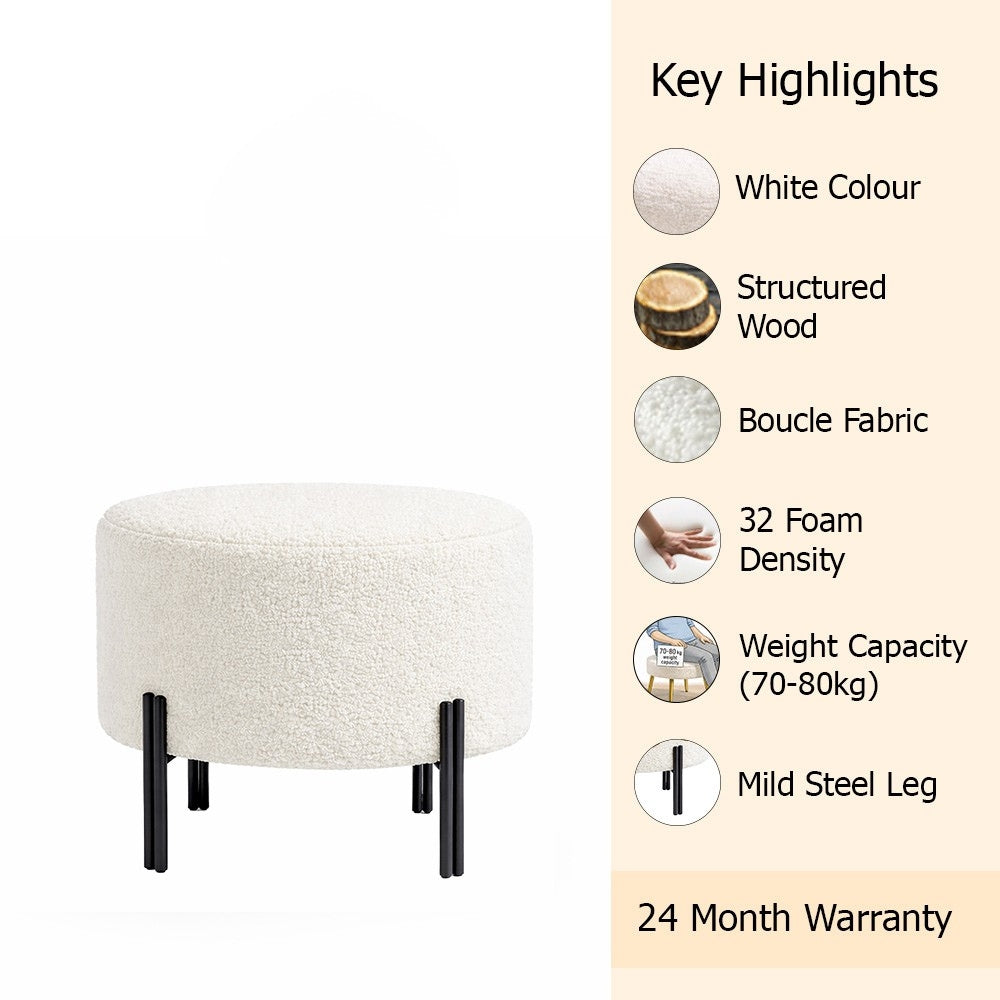 Elite White Bouclé Round Wooden Ottoman