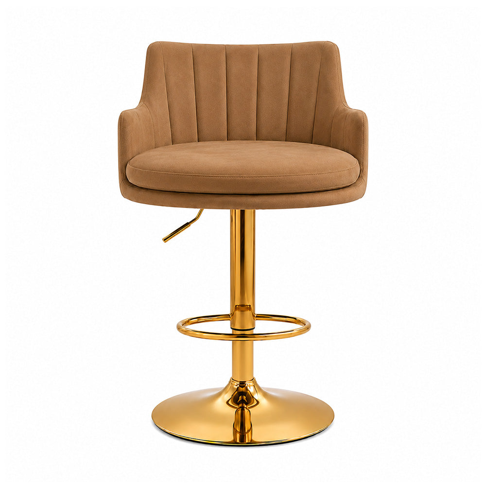 Solven Brown Velvet Adjustable Swivel Bar Stool with Gold Hydraulic Pedestal Base