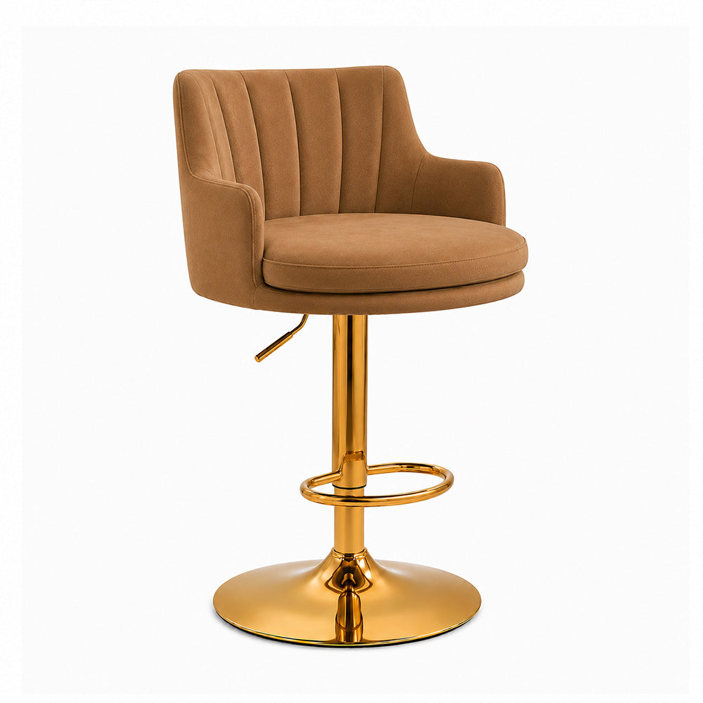 Solven Brown Velvet Adjustable Swivel Bar Stool with Gold Hydraulic Pedestal Base