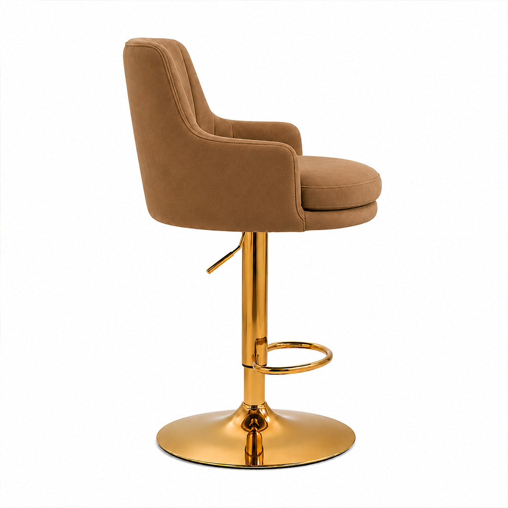 Solven Brown Velvet Adjustable Swivel Bar Stool with Gold Hydraulic Pedestal Base