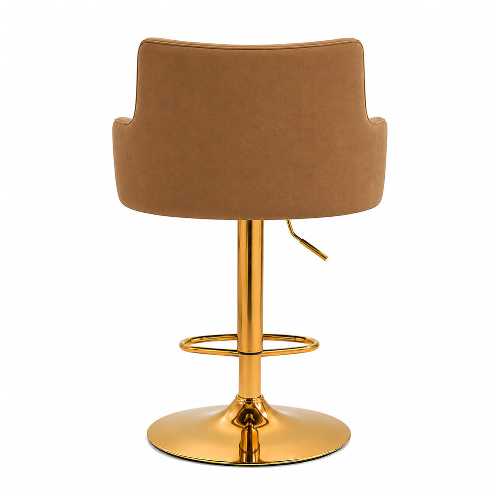 Solven Brown Velvet Adjustable Swivel Bar Stool with Gold Hydraulic Pedestal Base