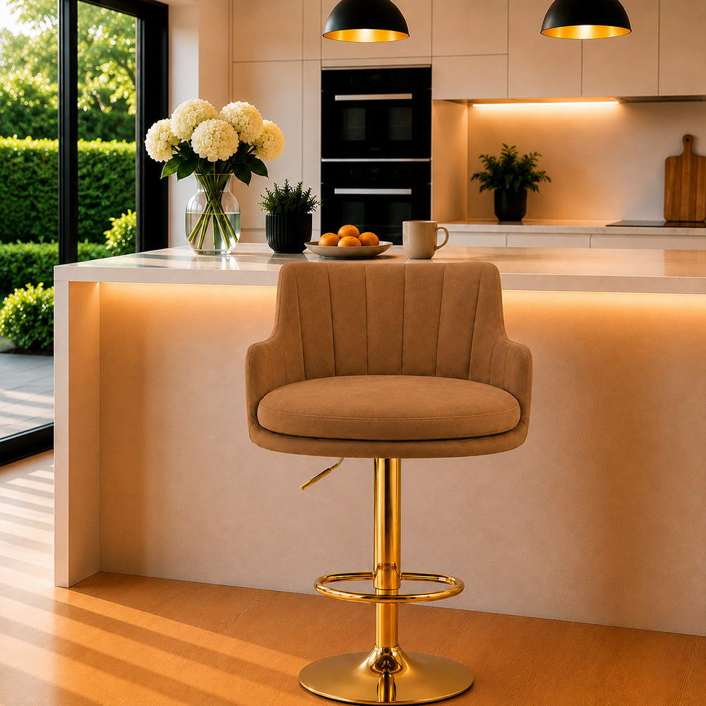Solven Brown Velvet Adjustable Swivel Bar Stool with Gold Hydraulic Pedestal Base