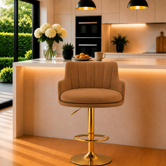 Solven Brown Velvet Adjustable Swivel Bar Stool with Gold Hydraulic Pedestal Base