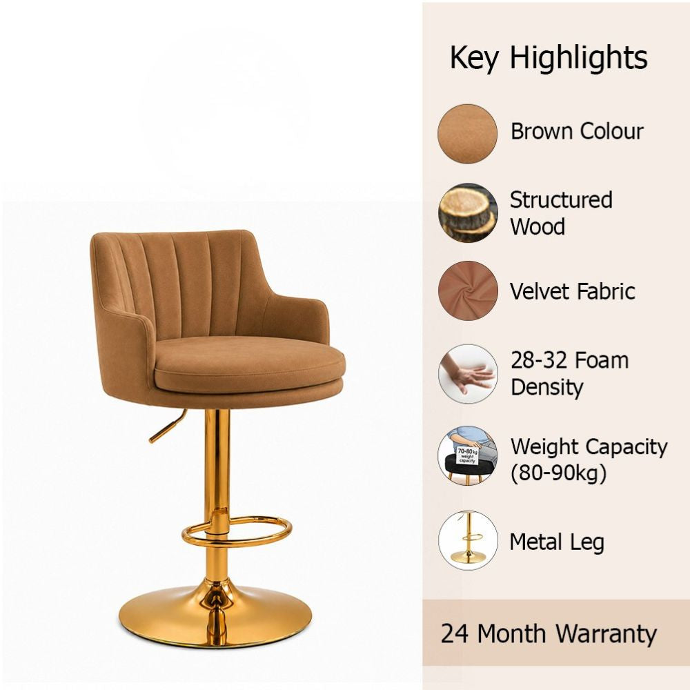 Solven Brown Velvet Adjustable Swivel Bar Stool with Gold Hydraulic Pedestal Base