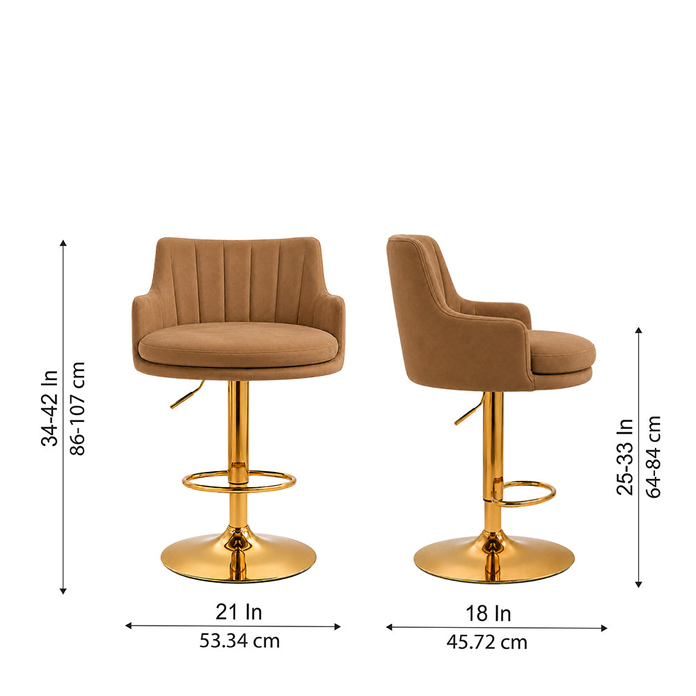 Solven Brown Velvet Adjustable Swivel Bar Stool with Gold Hydraulic Pedestal Base