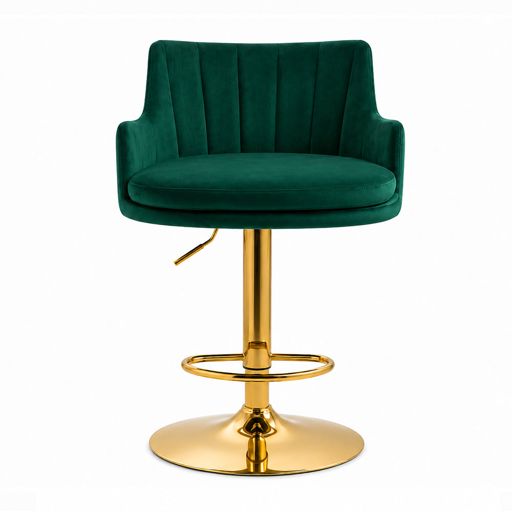 Solven Green Velvet Adjustable Swivel Bar Stool with Gold Hydraulic Pedestal Base