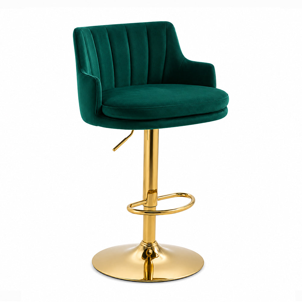 Solven Green Velvet Adjustable Swivel Bar Stool with Gold Hydraulic Pedestal Base