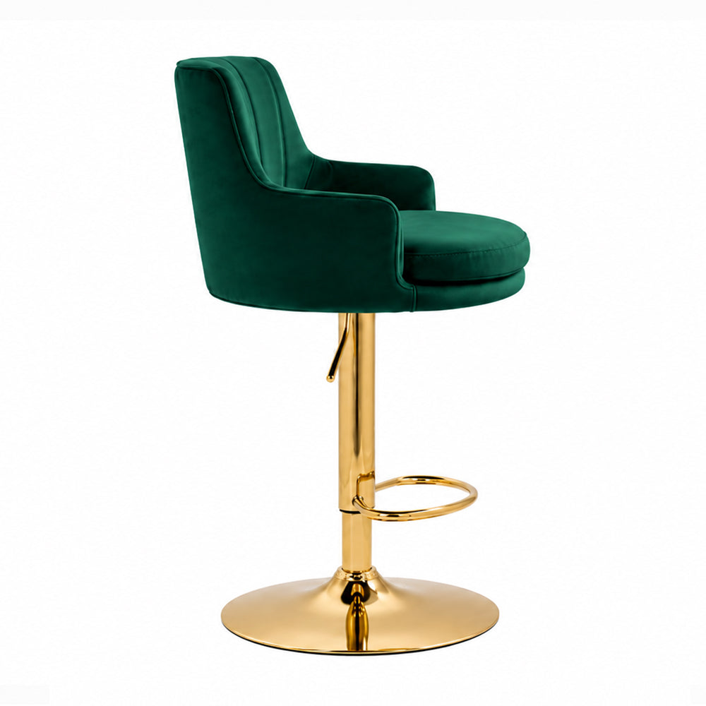 Solven Green Velvet Adjustable Swivel Bar Stool with Gold Hydraulic Pedestal Base