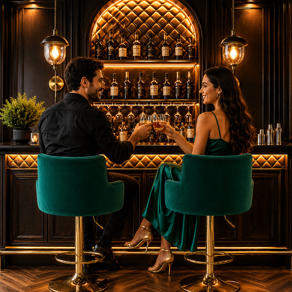 Solven Green Velvet Adjustable Swivel Bar Stool with Gold Hydraulic Pedestal Base
