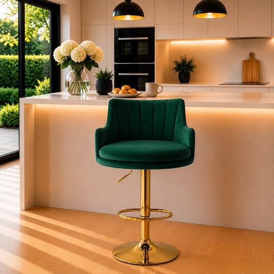 Solven Green Velvet Adjustable Swivel Bar Stool with Gold Hydraulic Pedestal Base