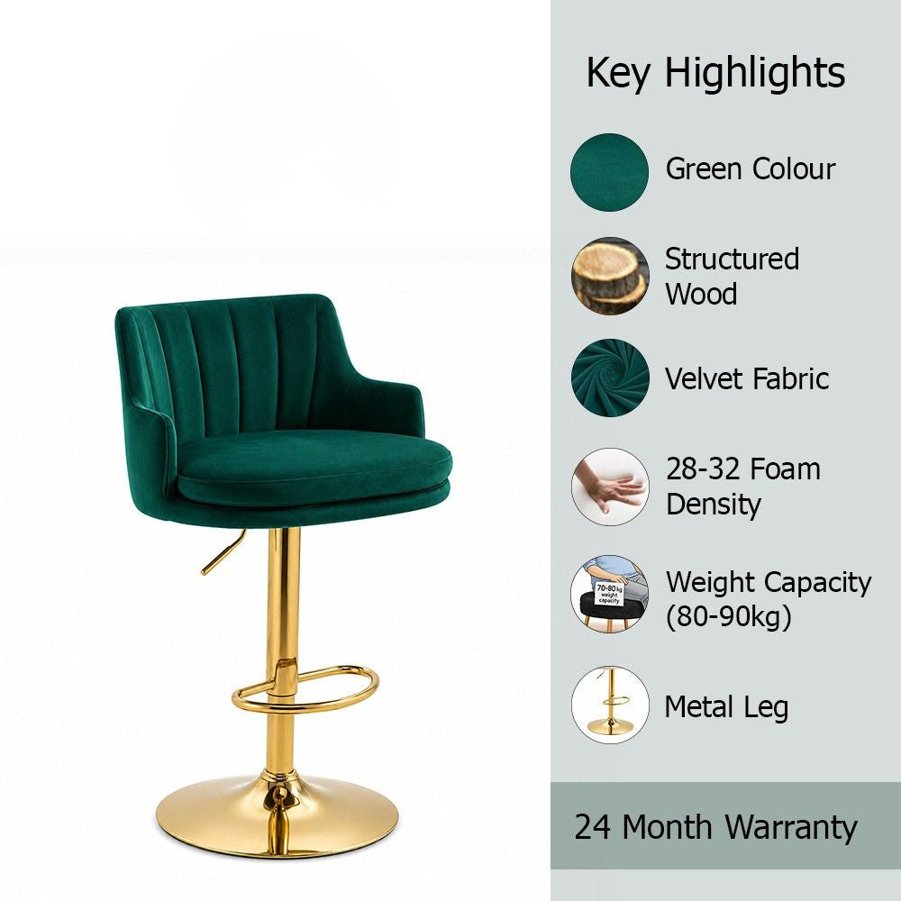 Solven Green Velvet Adjustable Swivel Bar Stool with Gold Hydraulic Pedestal Base
