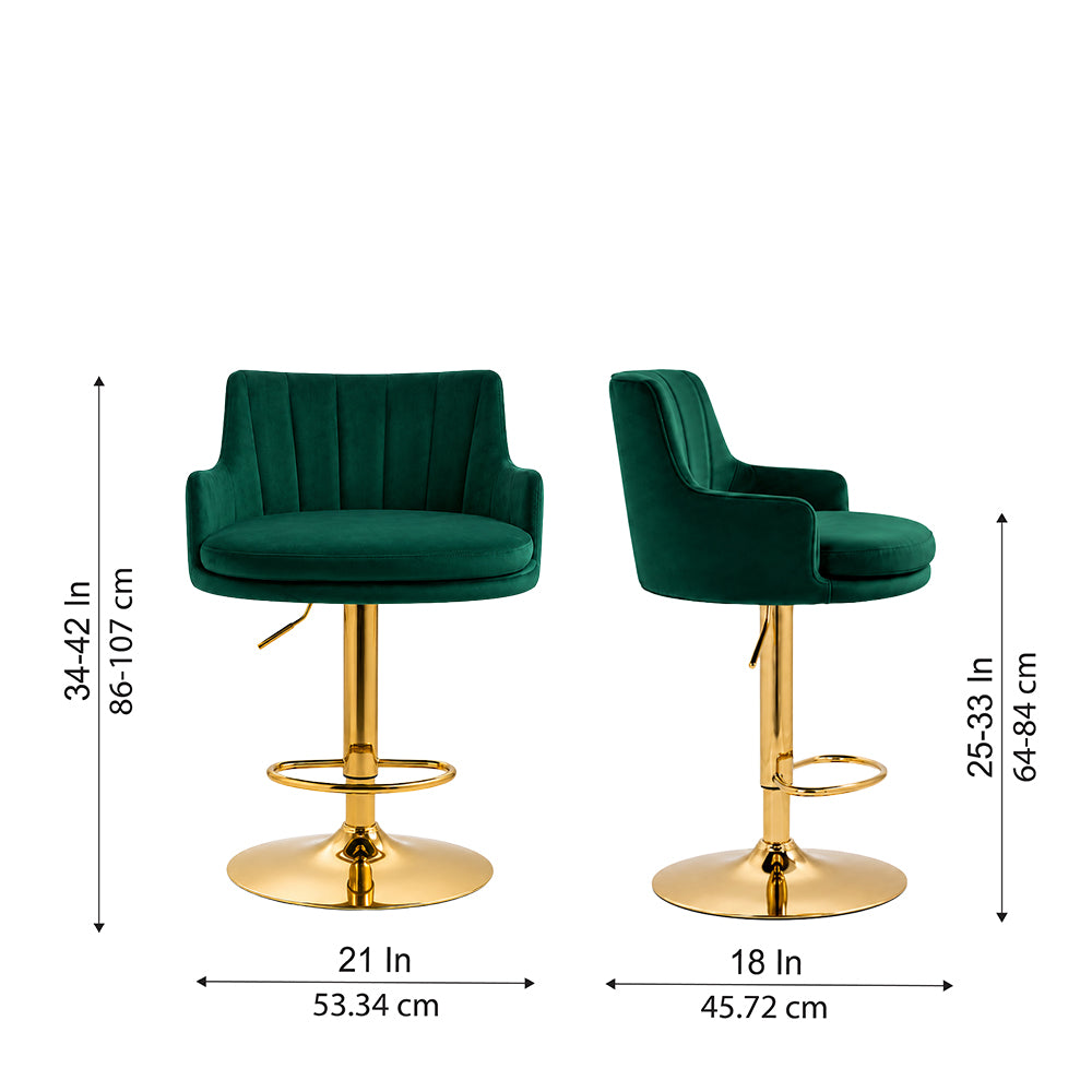 Solven Green Velvet Adjustable Swivel Bar Stool with Gold Hydraulic Pedestal Base