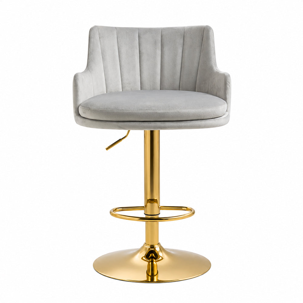 Solven Grey Velvet Adjustable Swivel Bar Stool with Gold Hydraulic Pedestal Base