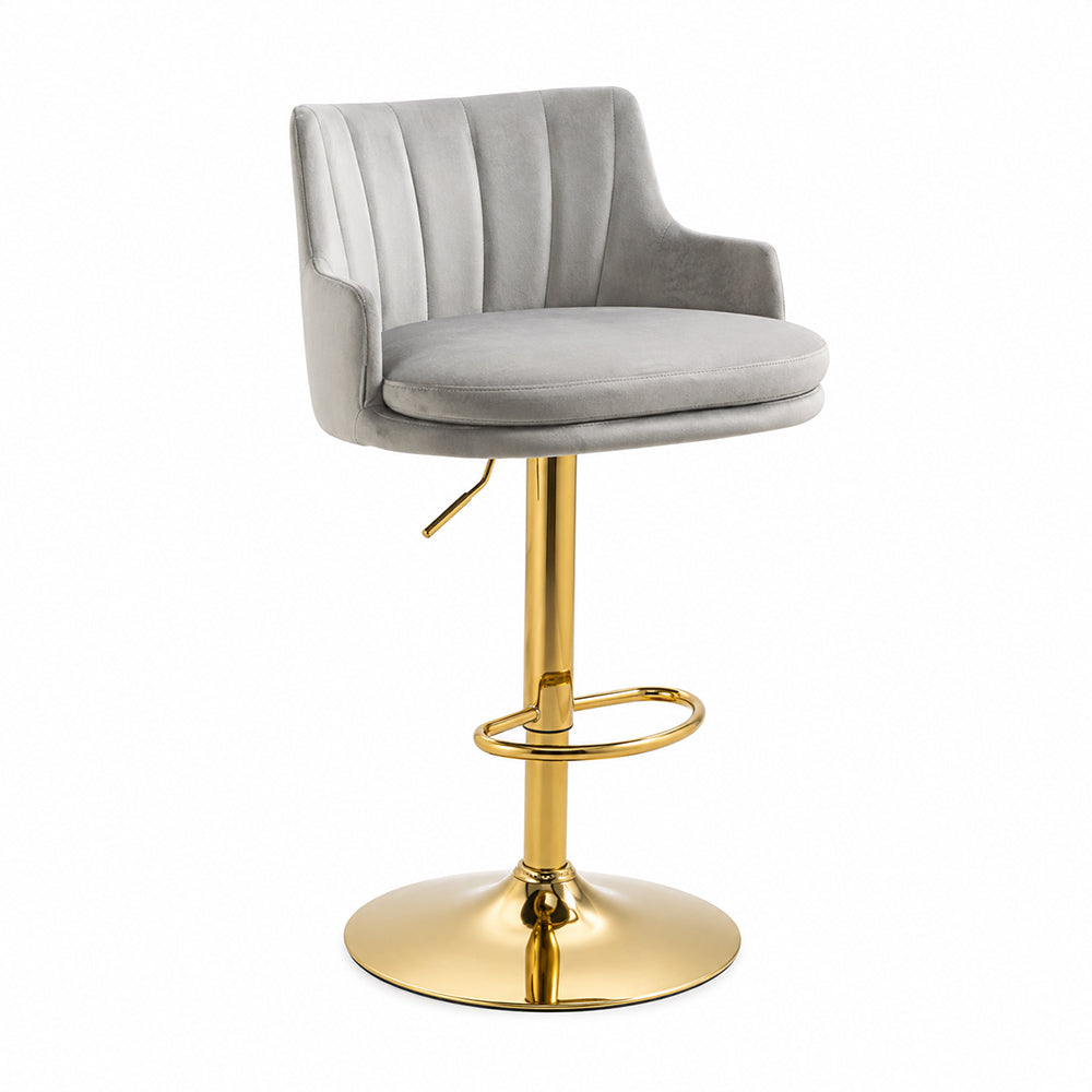 Solven Grey Velvet Adjustable Swivel Bar Stool with Gold Hydraulic Pedestal Base