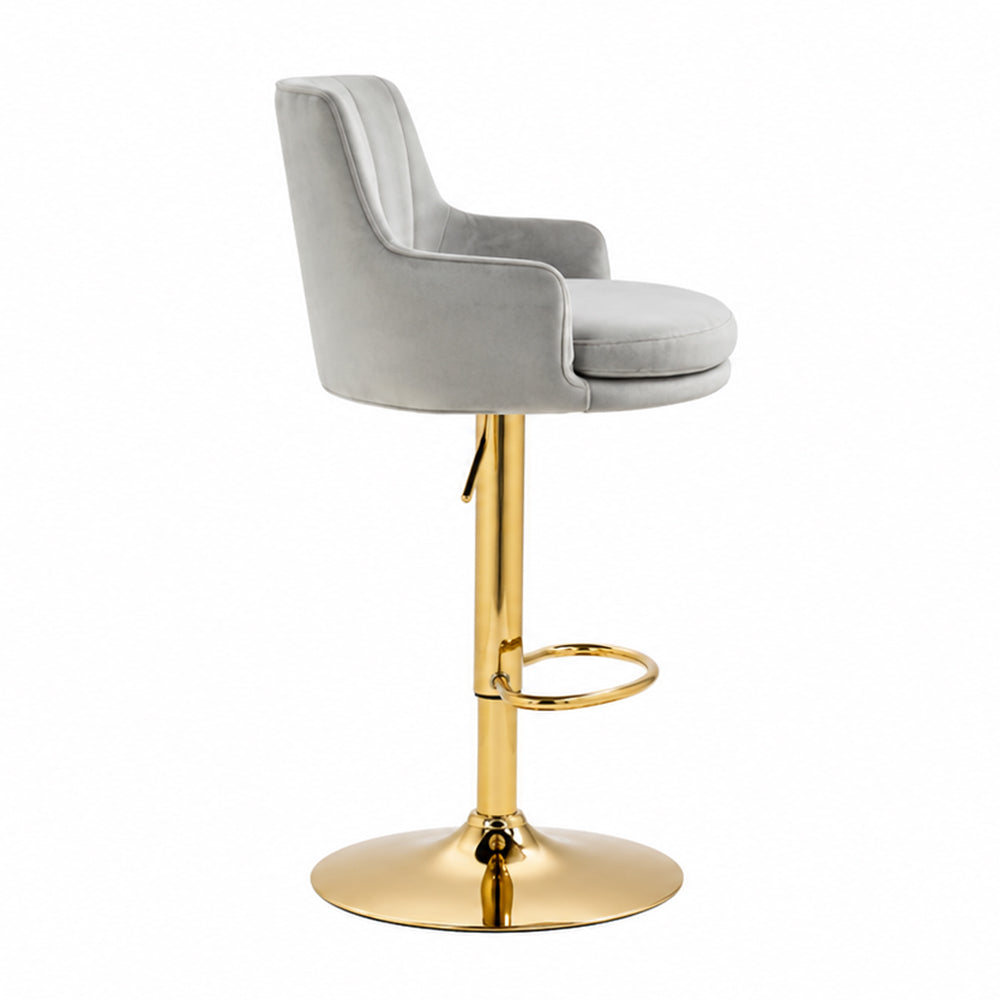 Solven Grey Velvet Adjustable Swivel Bar Stool with Gold Hydraulic Pedestal Base