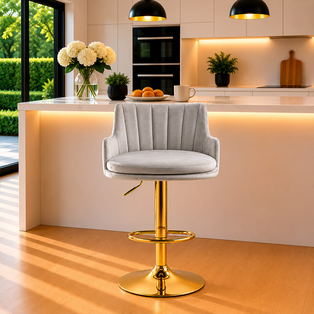Solven Grey Velvet Adjustable Swivel Bar Stool with Gold Hydraulic Pedestal Base