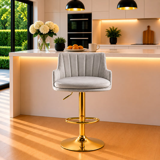 Solven Grey Velvet Adjustable Swivel Bar Stool with Gold Hydraulic Pedestal Base