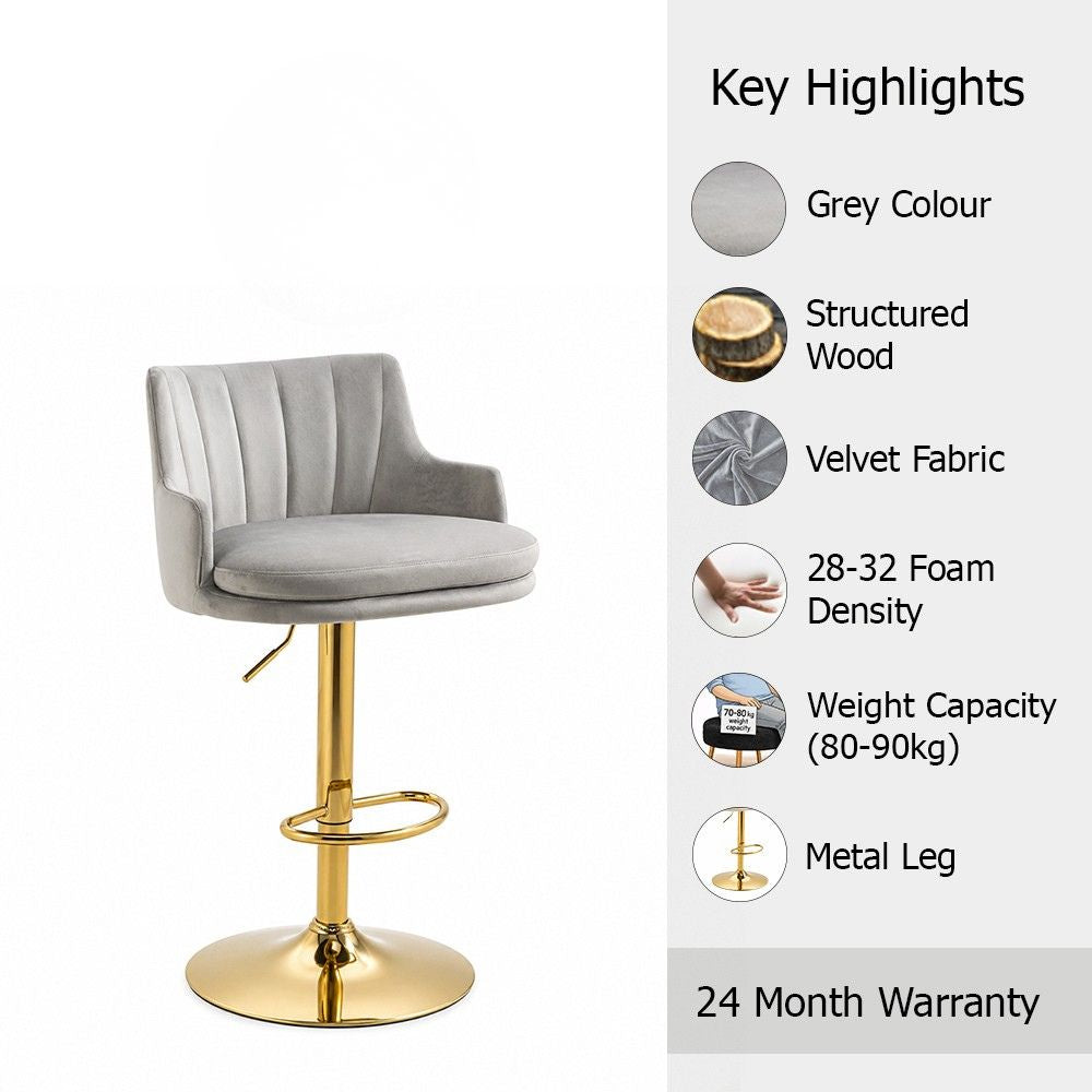 Solven Grey Velvet Adjustable Swivel Bar Stool with Gold Hydraulic Pedestal Base