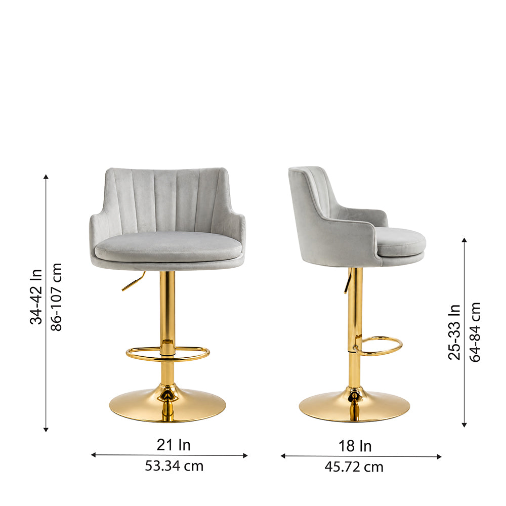Solven Grey Velvet Adjustable Swivel Bar Stool with Gold Hydraulic Pedestal Base
