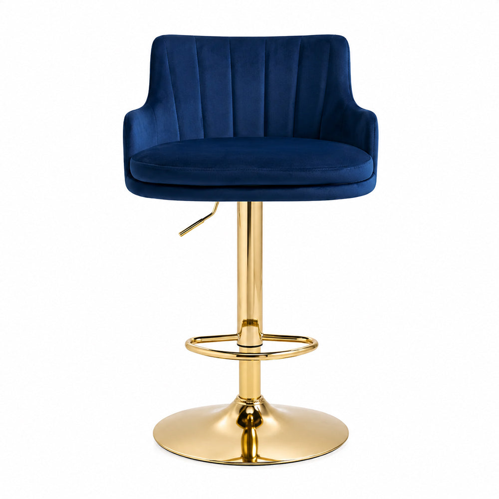 Solven Blue Velvet Adjustable Swivel Bar Stool with Gold Hydraulic Pedestal Base