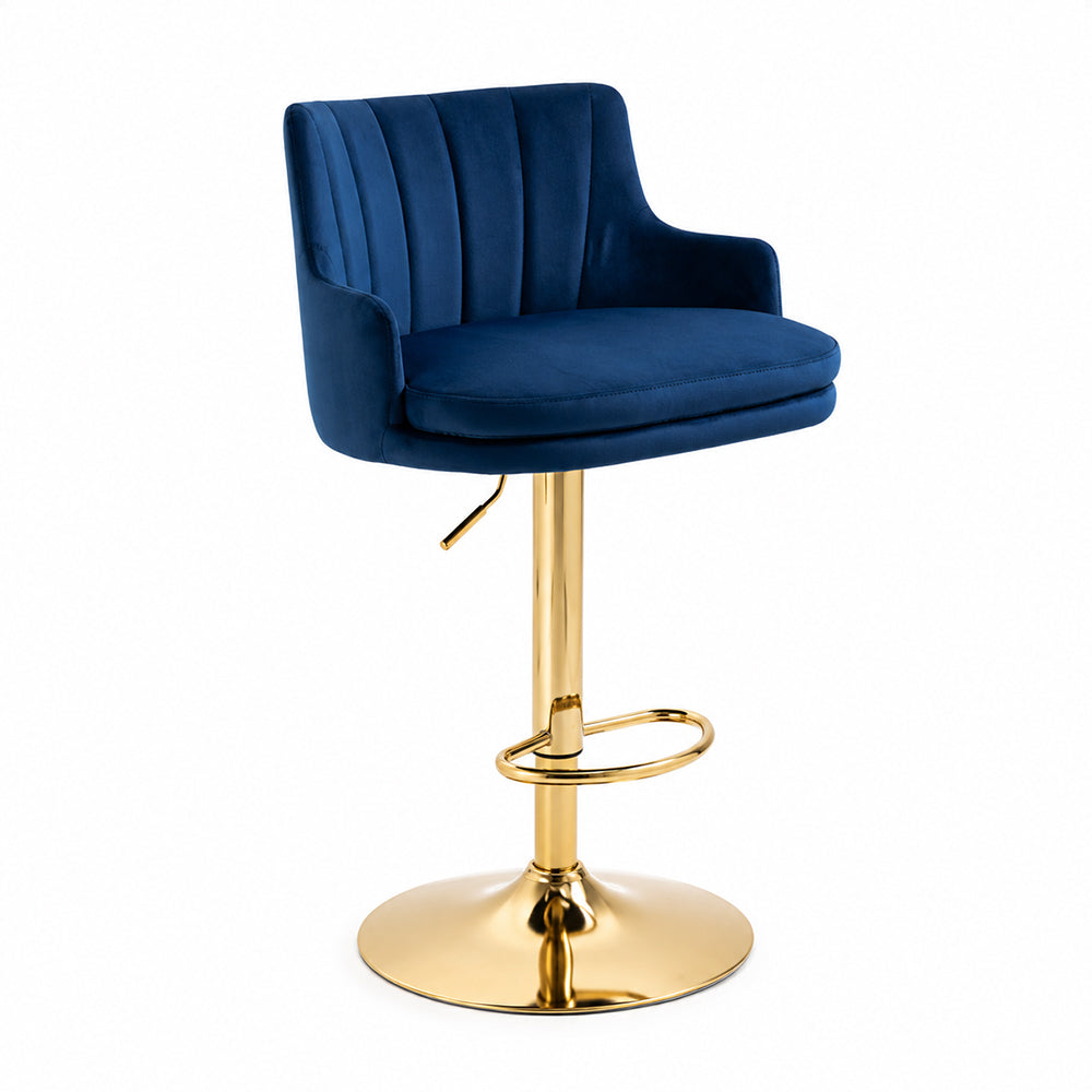 Solven Blue Velvet Adjustable Swivel Bar Stool with Gold Hydraulic Pedestal Base