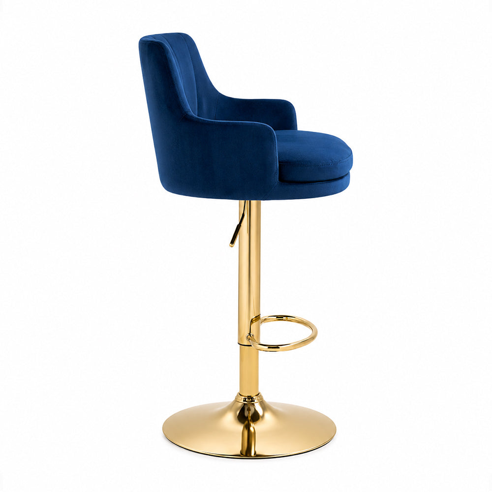 Solven Blue Velvet Adjustable Swivel Bar Stool with Gold Hydraulic Pedestal Base