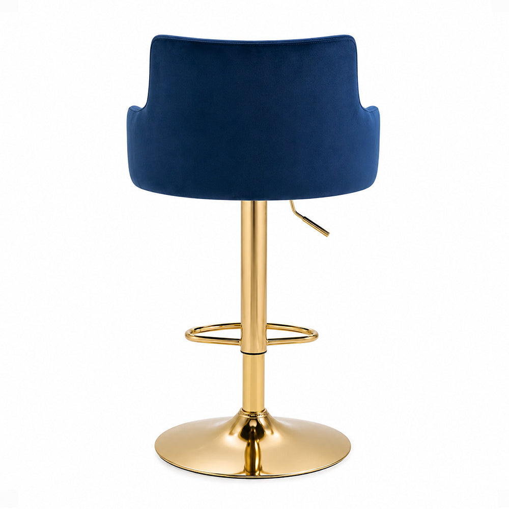 Solven Blue Velvet Adjustable Swivel Bar Stool with Gold Hydraulic Pedestal Base