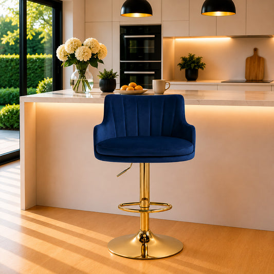 Solven Blue Velvet Adjustable Swivel Bar Stool with Gold Hydraulic Pedestal Base