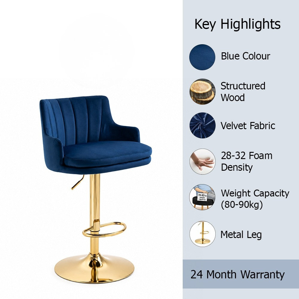 Solven Blue Velvet Adjustable Swivel Bar Stool with Gold Hydraulic Pedestal Base