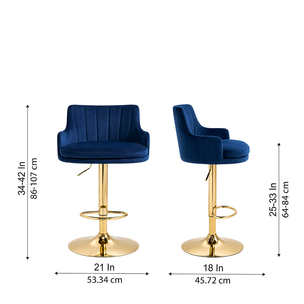 Solven Blue Velvet Adjustable Swivel Bar Stool with Gold Hydraulic Pedestal Base