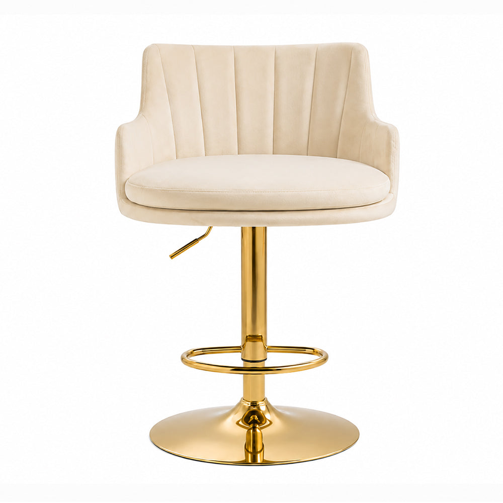 Solven Beige Velvet Adjustable Swivel Bar Stool with Gold Hydraulic Pedestal Base