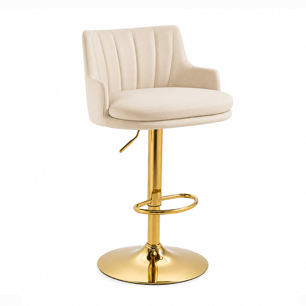 Solven Beige Velvet Adjustable Swivel Bar Stool with Gold Hydraulic Pedestal Base