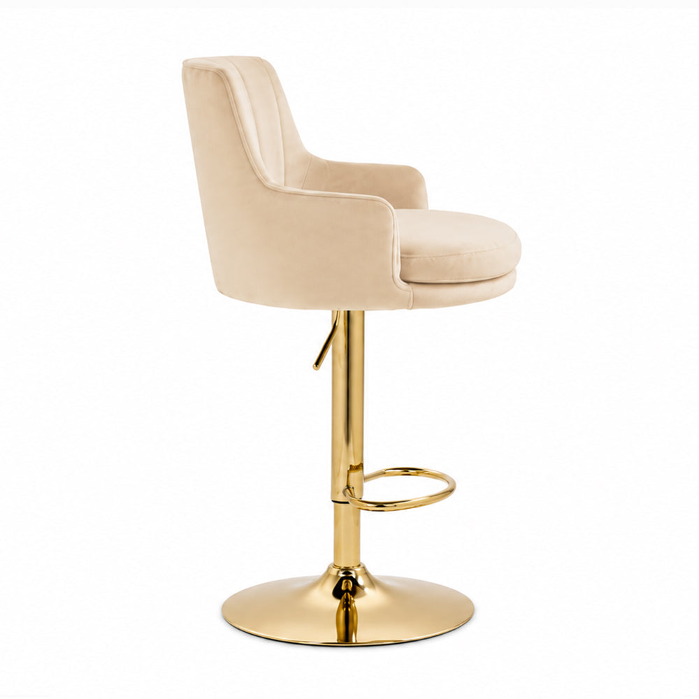 Solven Beige Velvet Adjustable Swivel Bar Stool with Gold Hydraulic Pedestal Base