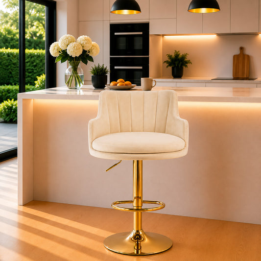 Solven Beige Velvet Adjustable Swivel Bar Stool with Gold Hydraulic Pedestal Base