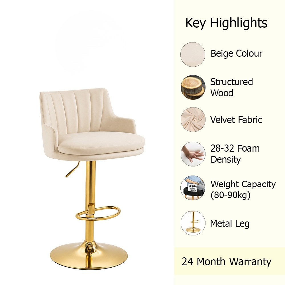 Solven Beige Velvet Adjustable Swivel Bar Stool with Gold Hydraulic Pedestal Base